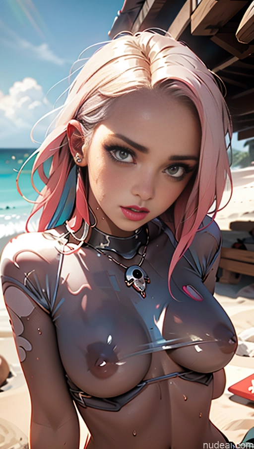 Busty Perfect Boobs Lipstick Big Hips Pubic Hair Tanned Skin Serious Pink Hair Close-up View Crop Top Bra Pull Down Khorne Wet T-Shirt Buxomy Jojoso Style
