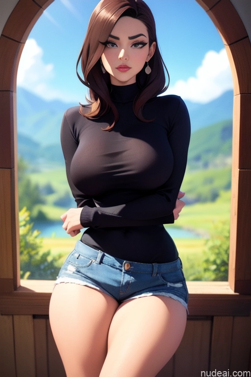 related ai porn images free for Model Beautiful Tall Perfect Body Long Hair 20s Serious Brunette Dutch Mountains Back View High Socks Short Shorts Sweater Detailed