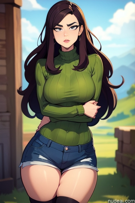 related ai porn images free for Model Beautiful Tall Perfect Body Long Hair 20s Serious Brunette Dutch Mountains Back View High Socks Short Shorts Sweater Detailed
