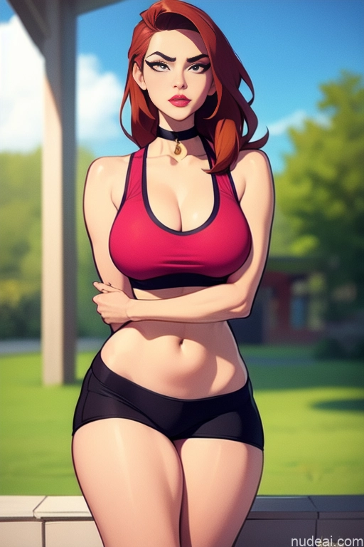 related ai porn images free for Woman Beautiful Tall Perfect Body 20s Serious Ginger Long Hair Dutch Choker Gym Tank Top Short Shorts
