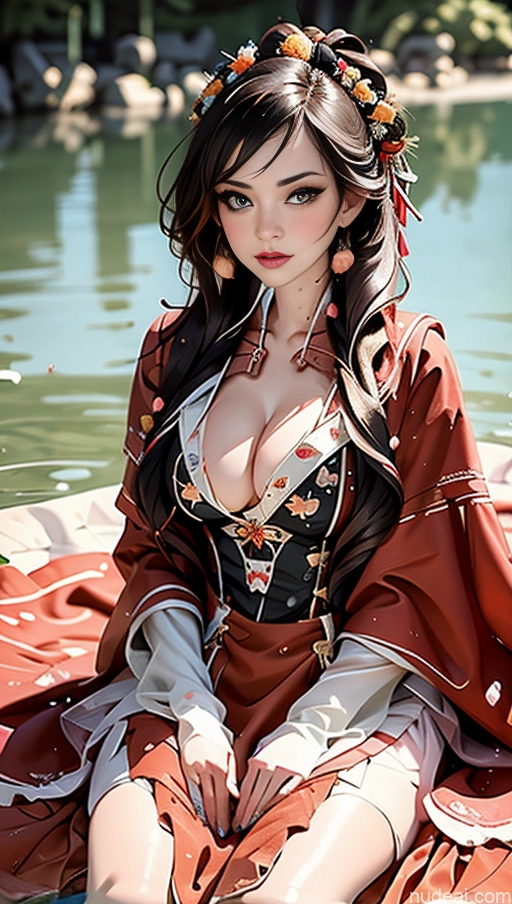 Busty Perfect Boobs Lipstick Pubic Hair Serious Close-up View Black Hair Romantic Rosette Dress Winter Hanfu