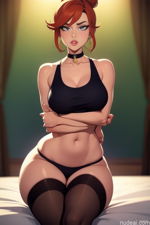 related ai porn images free for Model Beautiful Tall Perfect Body 20s Serious Ginger Hair Bun Dutch Bedroom Choker High Socks High Heels Tank Top
