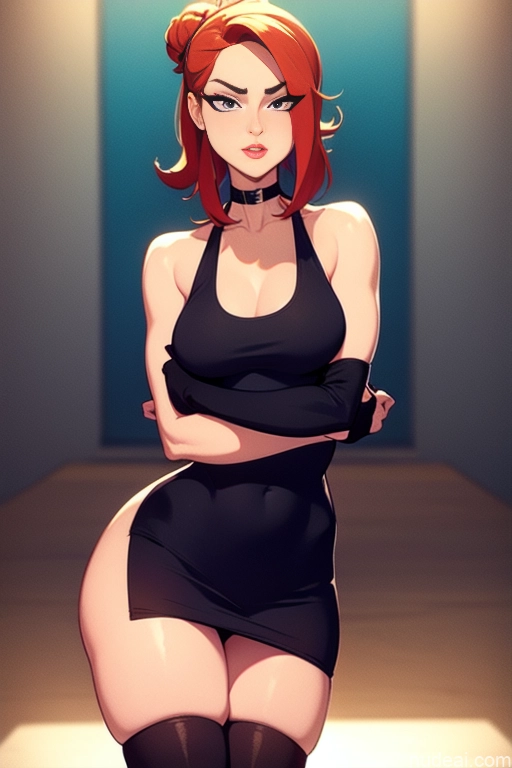 related ai porn images free for Model Beautiful Tall Perfect Body 20s Serious Ginger Hair Bun Dutch Choker High Socks High Heels Tank Top Mini Skirt Prison