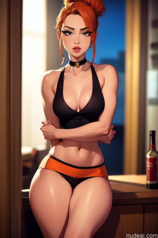 related ai porn images free for Model Beautiful Tall Perfect Body 20s Serious Ginger Hair Bun Dutch Choker High Socks High Heels Tank Top Mini Skirt Bar