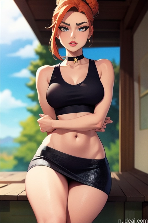 related ai porn images free for Model Beautiful Tall Perfect Body 20s Serious Ginger Hair Bun Dutch Choker High Socks High Heels Tank Top Mini Skirt Mountains