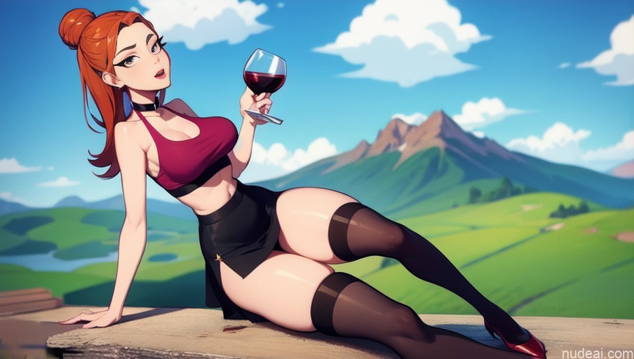 related ai porn images free for Model Beautiful Tall Perfect Body 20s Serious Ginger Hair Bun Dutch Choker High Socks High Heels Tank Top Mini Skirt Mountains Wine