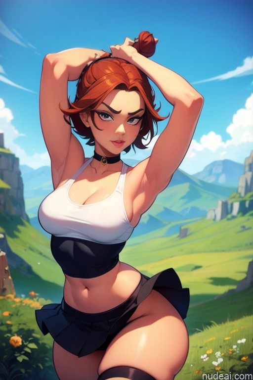 related ai porn images free for Model Beautiful Tall Perfect Body 20s Serious Ginger Hair Bun Dutch Choker High Socks High Heels Tank Top Mini Skirt Mountains