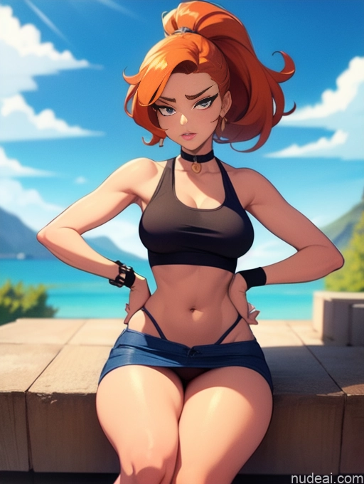 related ai porn images free for Model Beautiful Tall Perfect Body 20s Serious Ginger Hair Bun Dutch Choker High Socks High Heels Tank Top Mini Skirt Mountains