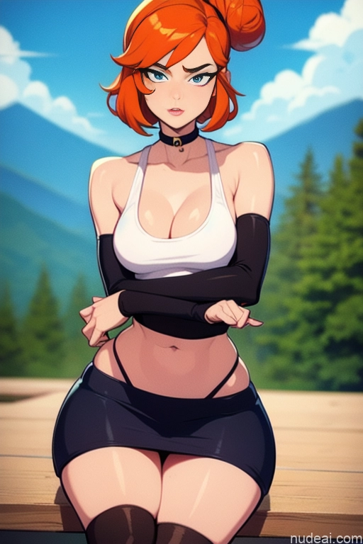 related ai porn images free for Model Beautiful Tall Perfect Body 20s Serious Ginger Hair Bun Dutch Choker High Socks High Heels Tank Top Mini Skirt Mountains