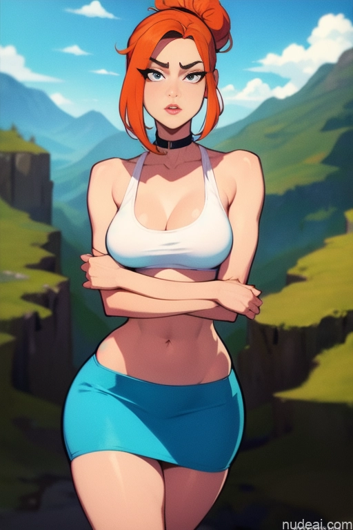 related ai porn images free for Model Beautiful Tall Perfect Body 20s Serious Ginger Hair Bun Dutch Choker High Socks High Heels Tank Top Mini Skirt Mountains