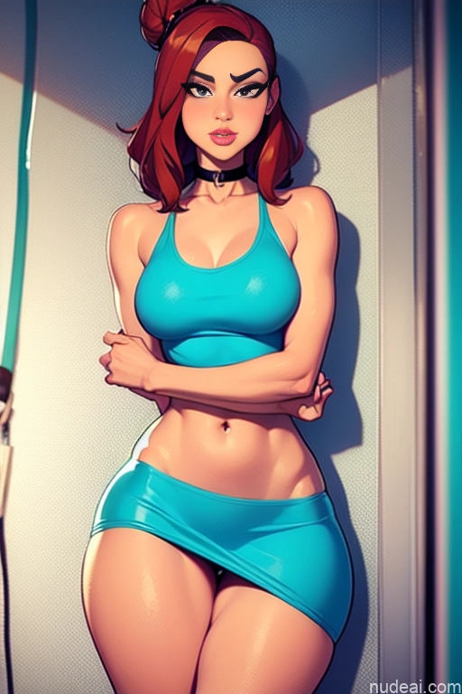 related ai porn images free for Model Beautiful Tall Perfect Body 20s Serious Ginger Hair Bun Dutch Choker High Socks High Heels Tank Top Mini Skirt Locker Room