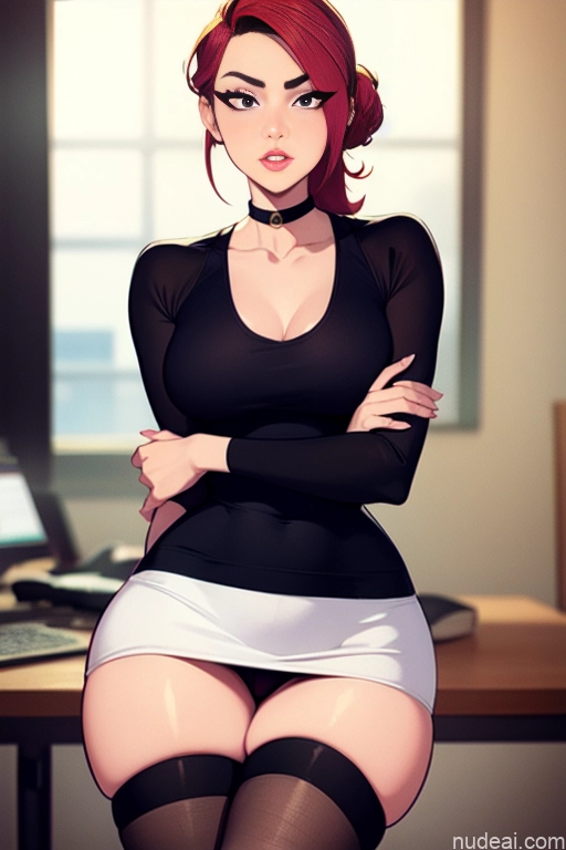 related ai porn images free for Model Beautiful Tall Perfect Body 20s Serious Ginger Hair Bun Dutch Choker High Socks High Heels Tank Top Mini Skirt Office