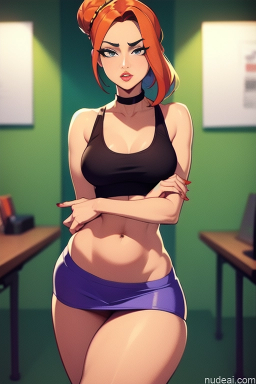 related ai porn images free for Model Beautiful Tall Perfect Body 20s Serious Ginger Hair Bun Dutch Choker High Socks High Heels Tank Top Mini Skirt Office