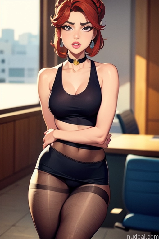 related ai porn images free for Model Beautiful Tall Perfect Body 20s Serious Ginger Hair Bun Dutch Choker High Socks High Heels Tank Top Mini Skirt Office