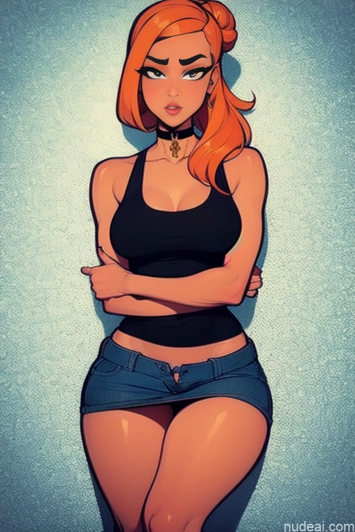 related ai porn images free for Model Beautiful Tall Perfect Body 20s Serious Ginger Hair Bun Dutch Choker High Socks High Heels Tank Top Mini Skirt Office