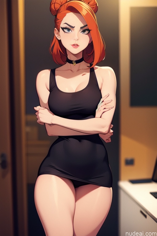 related ai porn images free for Model Beautiful Tall Perfect Body 20s Serious Ginger Hair Bun Dutch Choker High Socks High Heels Tank Top Mini Skirt Office