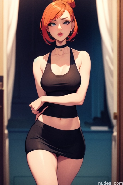 related ai porn images free for Model Beautiful Tall Perfect Body 20s Serious Ginger Hair Bun Dutch Bedroom Choker High Heels High Socks Mini Skirt Tank Top