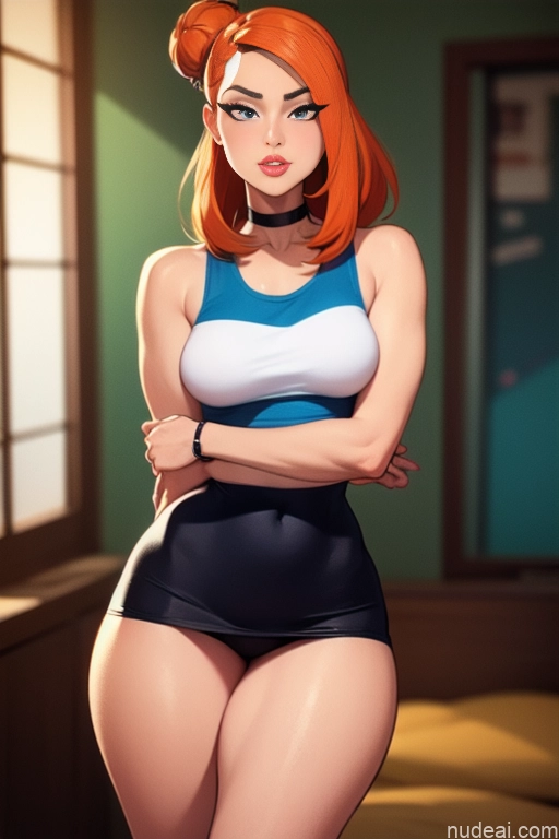 related ai porn images free for Model Beautiful Tall Perfect Body 20s Serious Ginger Hair Bun Dutch Bedroom Choker High Heels High Socks Mini Skirt Tank Top