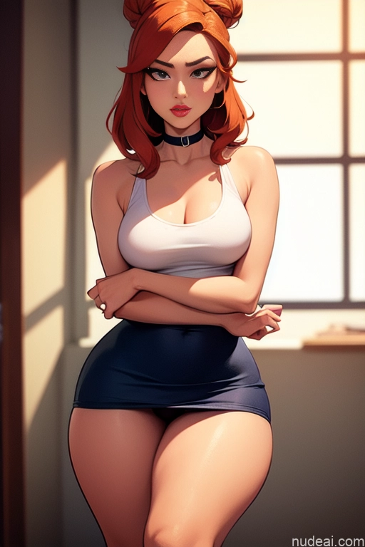 related ai porn images free for Model Beautiful Tall Perfect Body 20s Serious Ginger Hair Bun Dutch Bedroom Choker High Heels High Socks Mini Skirt Tank Top