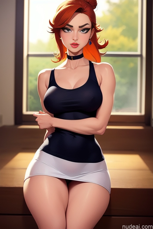 related ai porn images free for Model Beautiful Tall Perfect Body 20s Serious Ginger Hair Bun Dutch Bedroom Choker High Heels High Socks Mini Skirt Tank Top