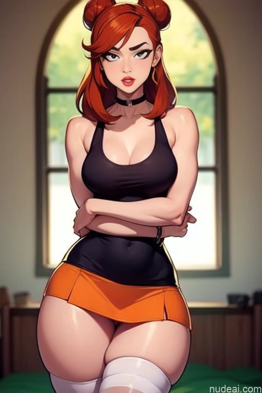 related ai porn images free for Model Beautiful Tall Perfect Body 20s Serious Ginger Hair Bun Dutch Bedroom Choker High Heels High Socks Mini Skirt Tank Top