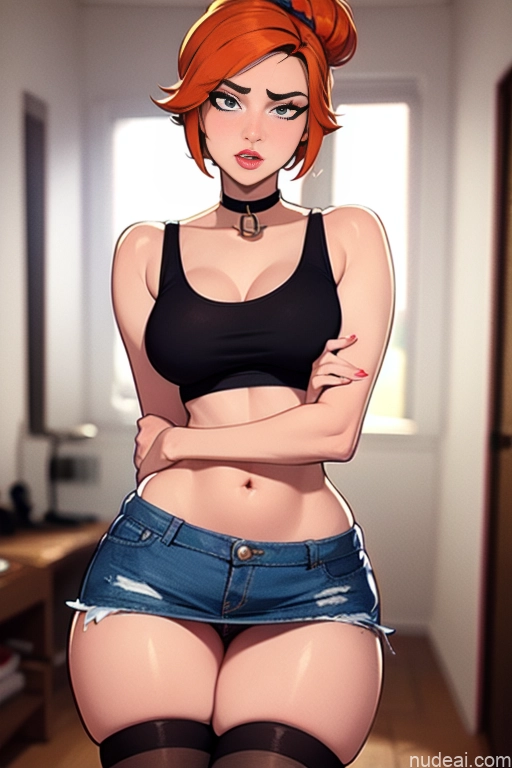 related ai porn images free for Model Beautiful Tall Perfect Body 20s Serious Ginger Hair Bun Dutch Bedroom Choker High Heels High Socks Mini Skirt Tank Top