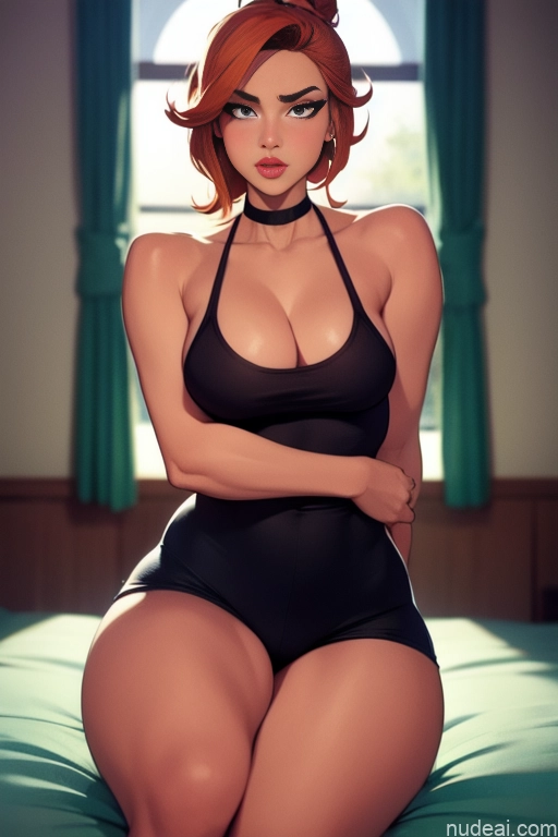 related ai porn images free for Model Beautiful Tall Perfect Body 20s Serious Ginger Hair Bun Dutch Bedroom Choker High Heels High Socks Tank Top Short Shorts