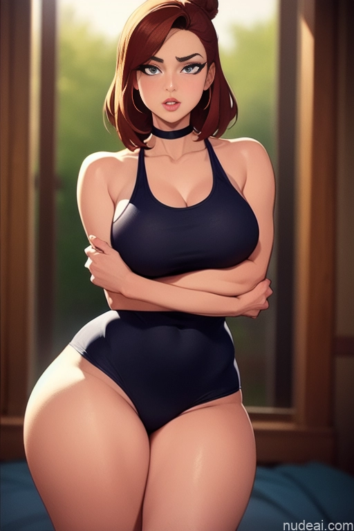 related ai porn images free for Model Beautiful Tall Perfect Body 20s Serious Ginger Hair Bun Dutch Bedroom Choker High Heels High Socks Tank Top Short Shorts