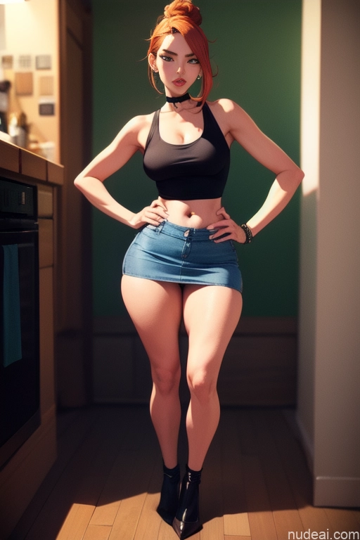related ai porn images free for Model Beautiful Tall Perfect Body 20s Serious Ginger Hair Bun Dutch Kitchen Choker Tank Top Mini Skirt High Socks High Heels