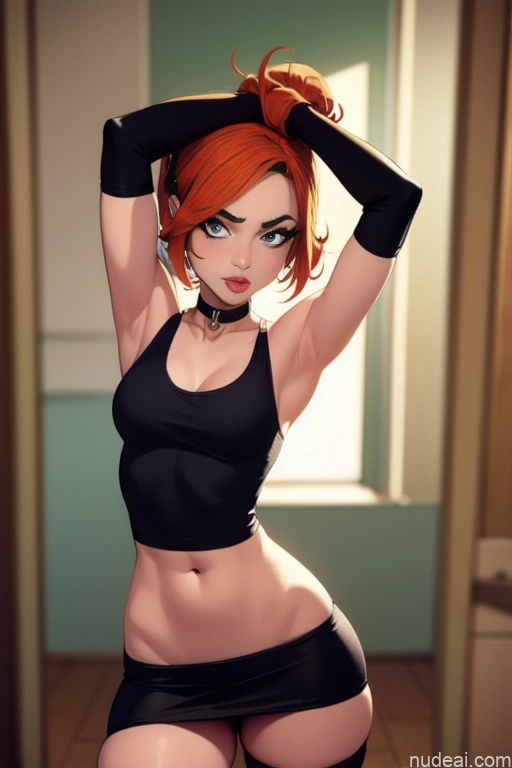 related ai porn images free for Model Beautiful Tall Perfect Body 20s Serious Ginger Hair Bun Dutch Kitchen Choker Tank Top Mini Skirt High Socks High Heels