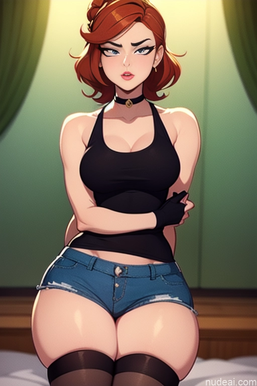 related ai porn images free for Model Beautiful Tall Perfect Body 20s Serious Ginger Hair Bun Dutch Bedroom Choker High Heels High Socks Mini Skirt Tank Top