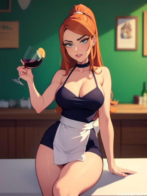 related ai porn images free for Woman Beautiful Perfect Body Tall 20s Serious Seductive Ginger Long Hair Dutch Bar Apron Waitress Wine