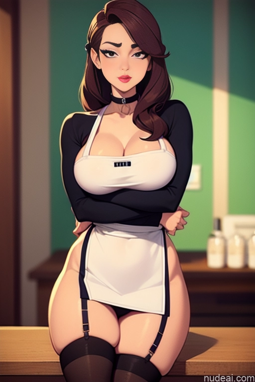 related ai porn images free for Woman Beautiful Tall Perfect Body 20s Serious Seductive Ginger Long Hair Dutch Bar Choker Thigh Socks Apron Waitress